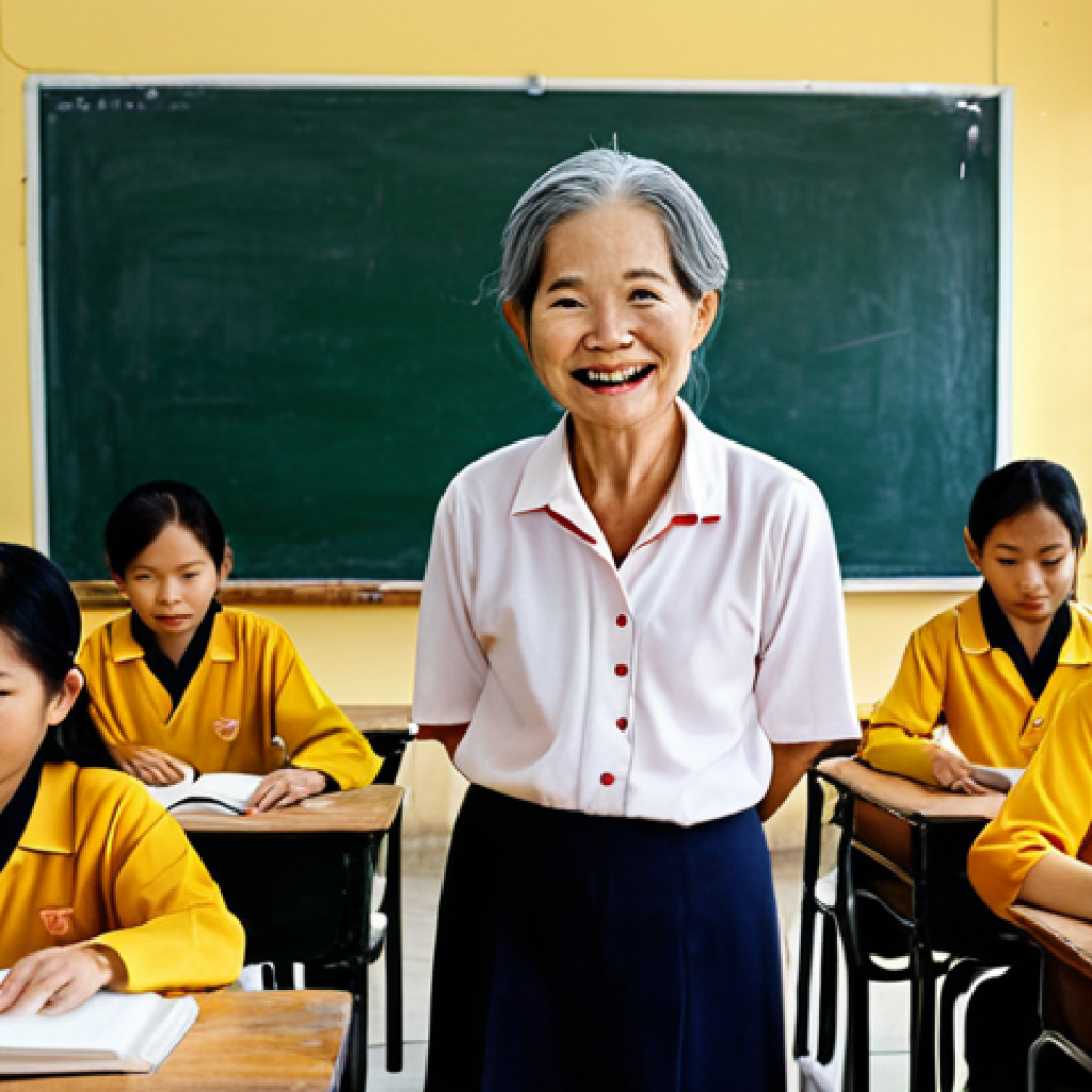 **A dedicated lifelong learning educator in Vietnam.** The image should portray a teacher figure passionately inspiring students in a non-traditional classroom setting, maybe a community center or vocational school. Emphasize warmth, encouragement, and the transformative impact of education. Vietnamese cultural elements should be subtly included in the background.