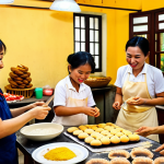 **

A vibrant, community workshop scene in Hanoi, Vietnam. People of all ages are enthusiastically participating in a baking class, decorating bánh ngọt. The atmosphere is friendly and collaborative, with a local baker guiding the participants. Soft, warm lighting.

**