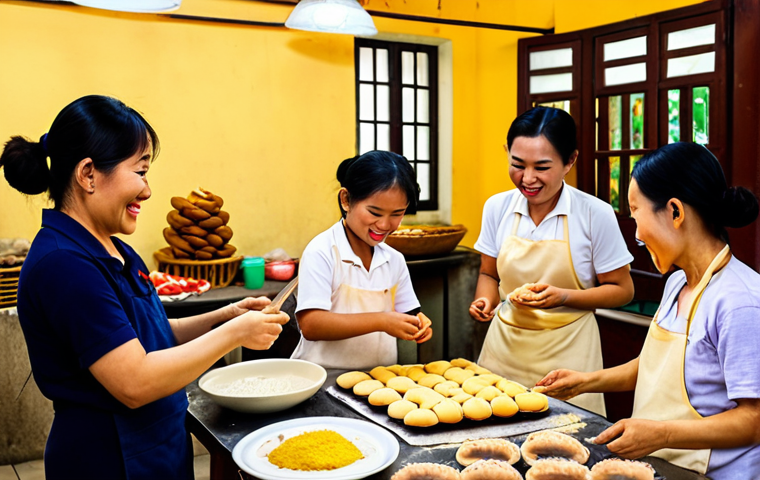**

A vibrant, community workshop scene in Hanoi, Vietnam. People of all ages are enthusiastically participating in a baking class, decorating bánh ngọt. The atmosphere is friendly and collaborative, with a local baker guiding the participants. Soft, warm lighting.

**